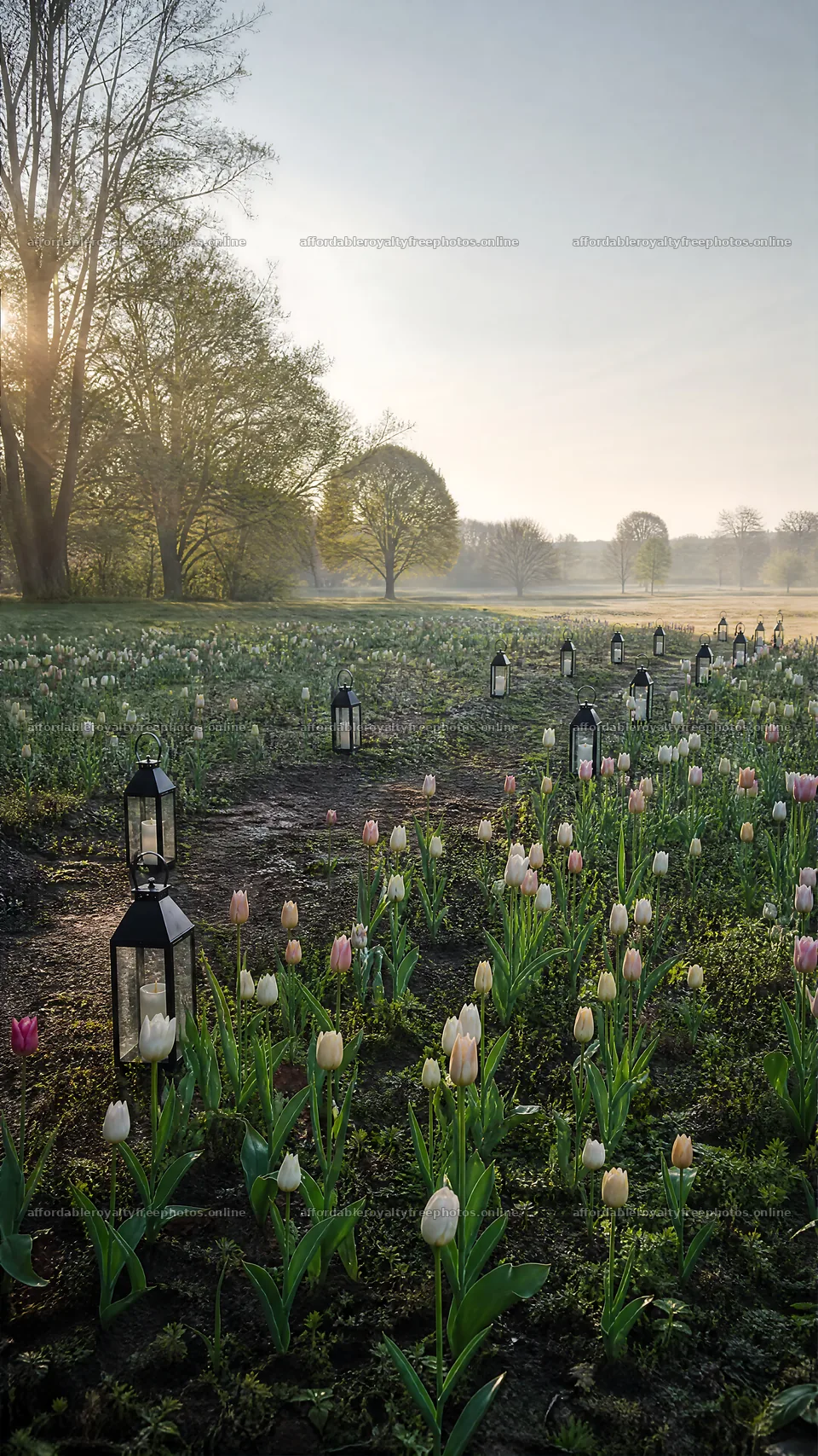 Lanterns in a meadow with tulips at sunrise – royalty-free photos 5952x10584