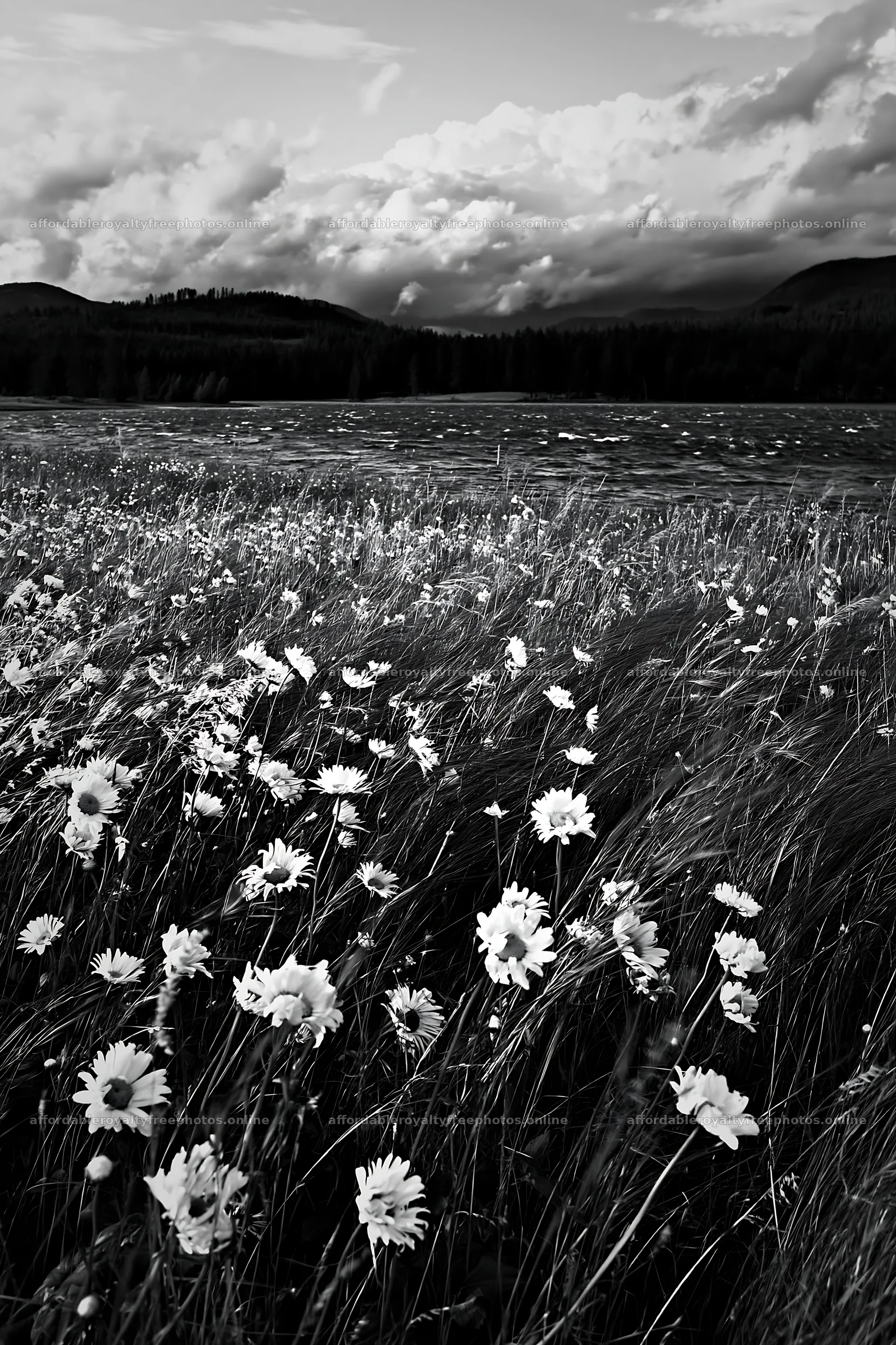Lakeside orchard meadow with wildflowers and flowing – royalty-free photos 6480x9722