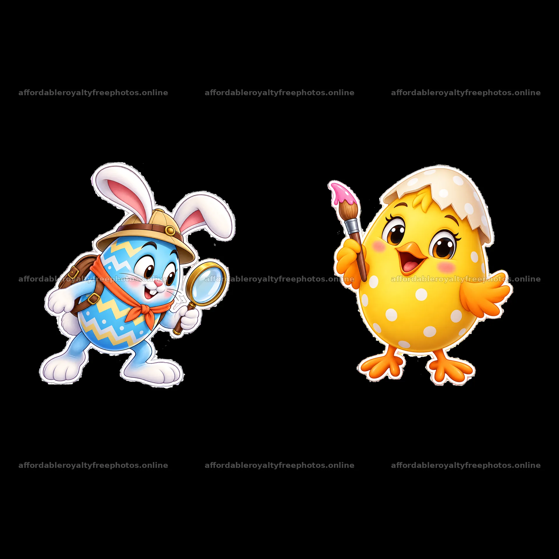 Easter bunny and chick holding magnifying glass and paintbrush – royalty-free photos 7746x7746