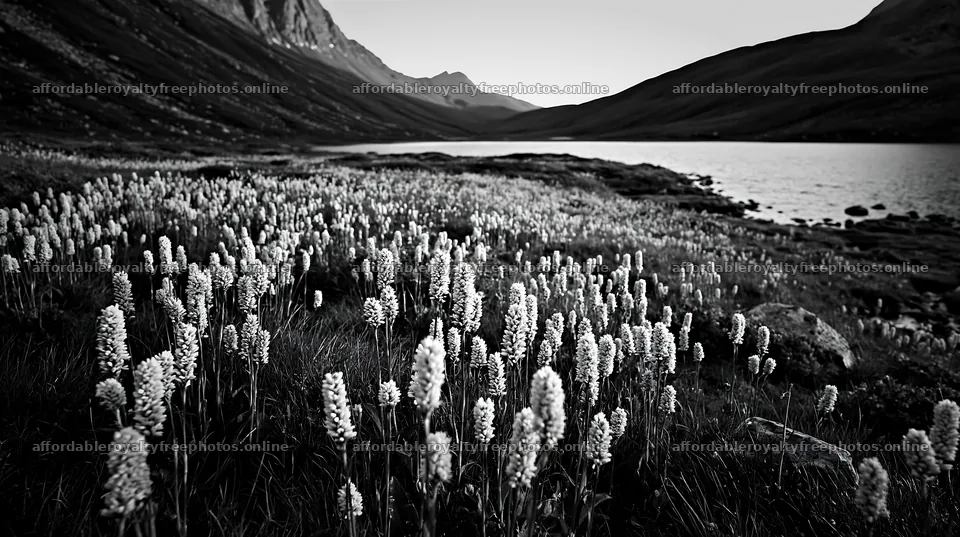 Swiss meadow beside alpine lake in black and white – royalty-free photos 10608x5938