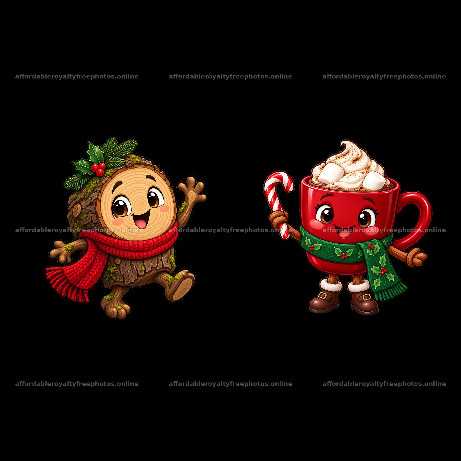 Cute Christmas tree character and hot cocoa mug with candy cane – royalty-free photos 7746x7746
