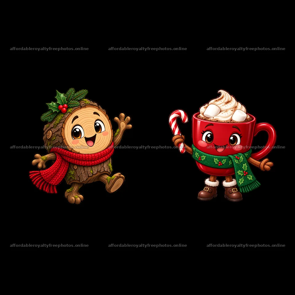 Cute Christmas tree character and hot cocoa mug with candy cane – royalty-free photos 7746x7746