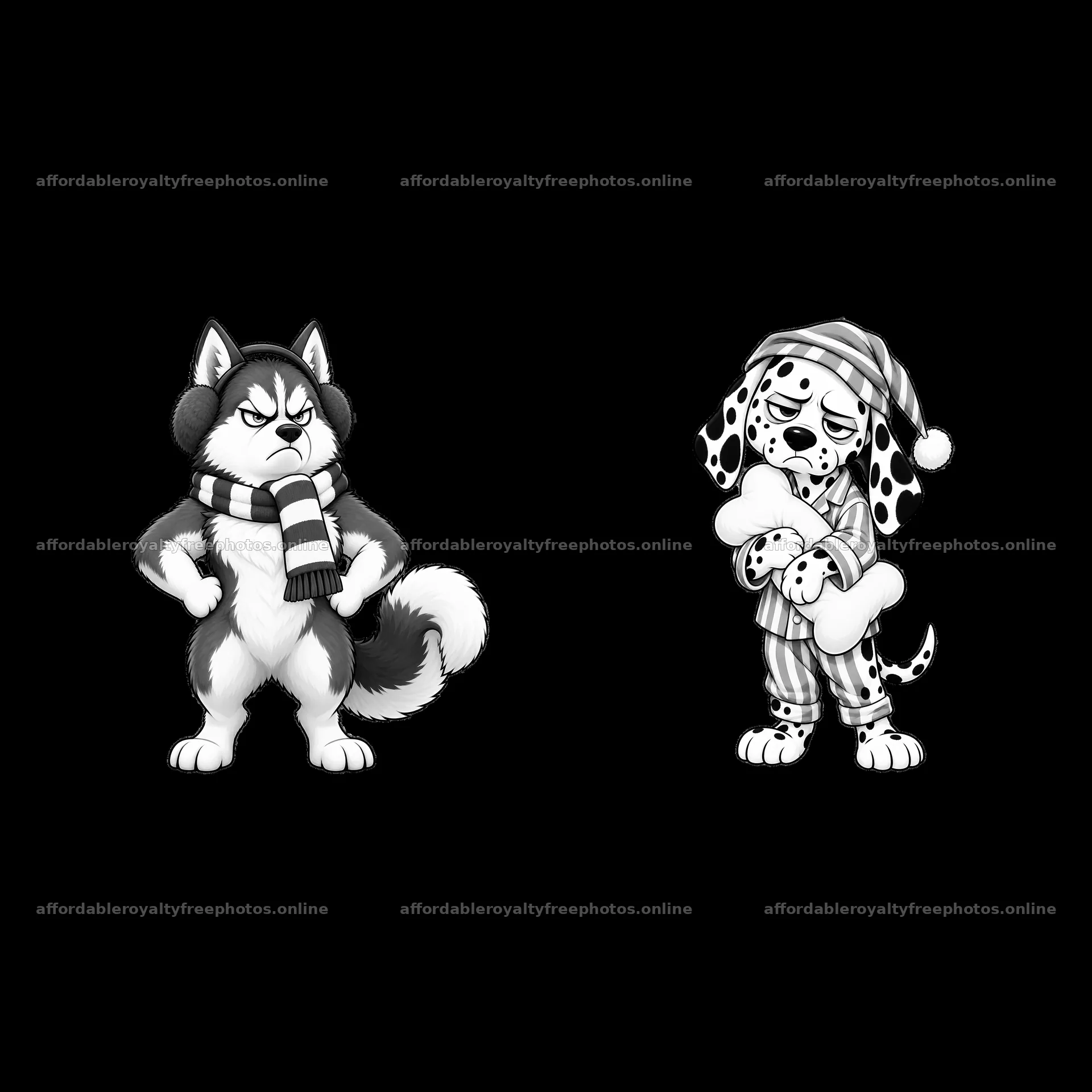 Grumpy dog duo with earmuffs and pajamas holding a bone – royalty-free photos 7746x7746