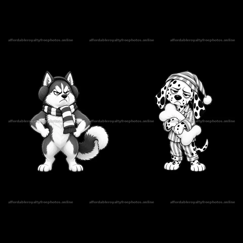 Grumpy dog duo with earmuffs and pajamas holding a bone – royalty-free photos 7746x7746