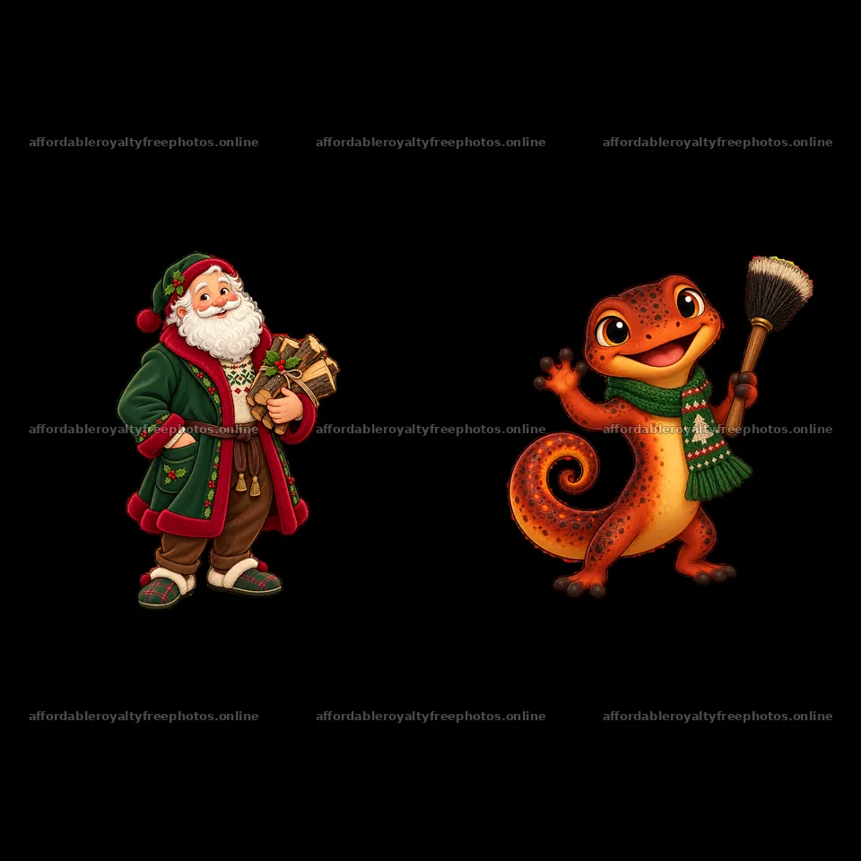 Santa Claus with gifts and a cheerful cartoon lizard – royalty-free photos 7746x7746