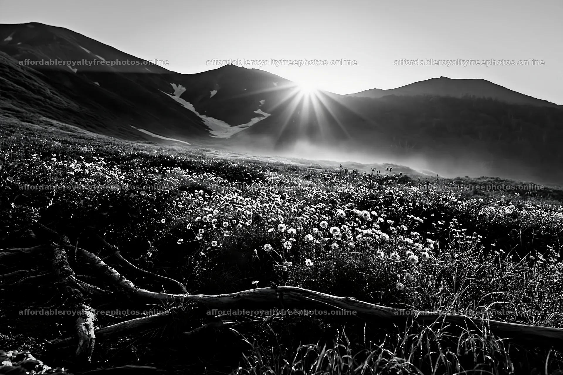 Yamagata rewilded meadow with fallen branch at sunrise – royalty-free photos 9722x6480