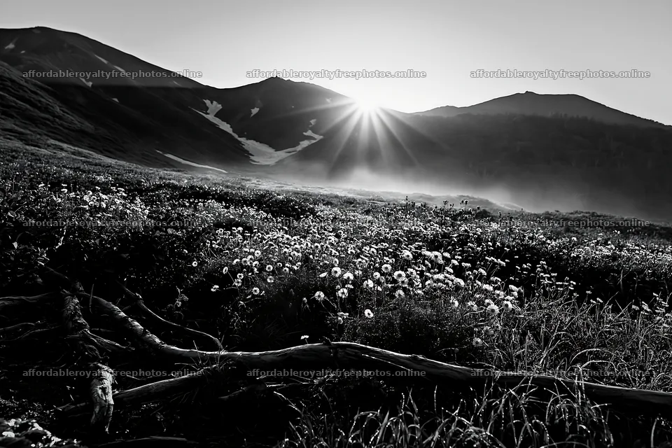 Yamagata rewilded meadow with fallen branch at sunrise – royalty-free photos 9722x6480