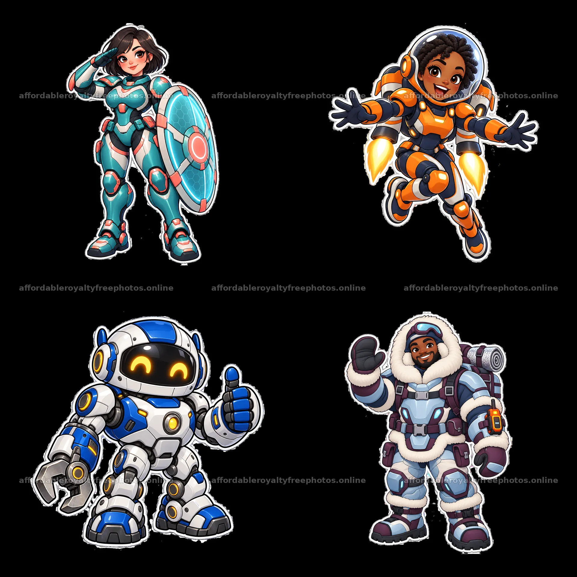 Kawaii futuristic super-soldiers in a dynamic 2x2 – royalty-free photos 7746x7746