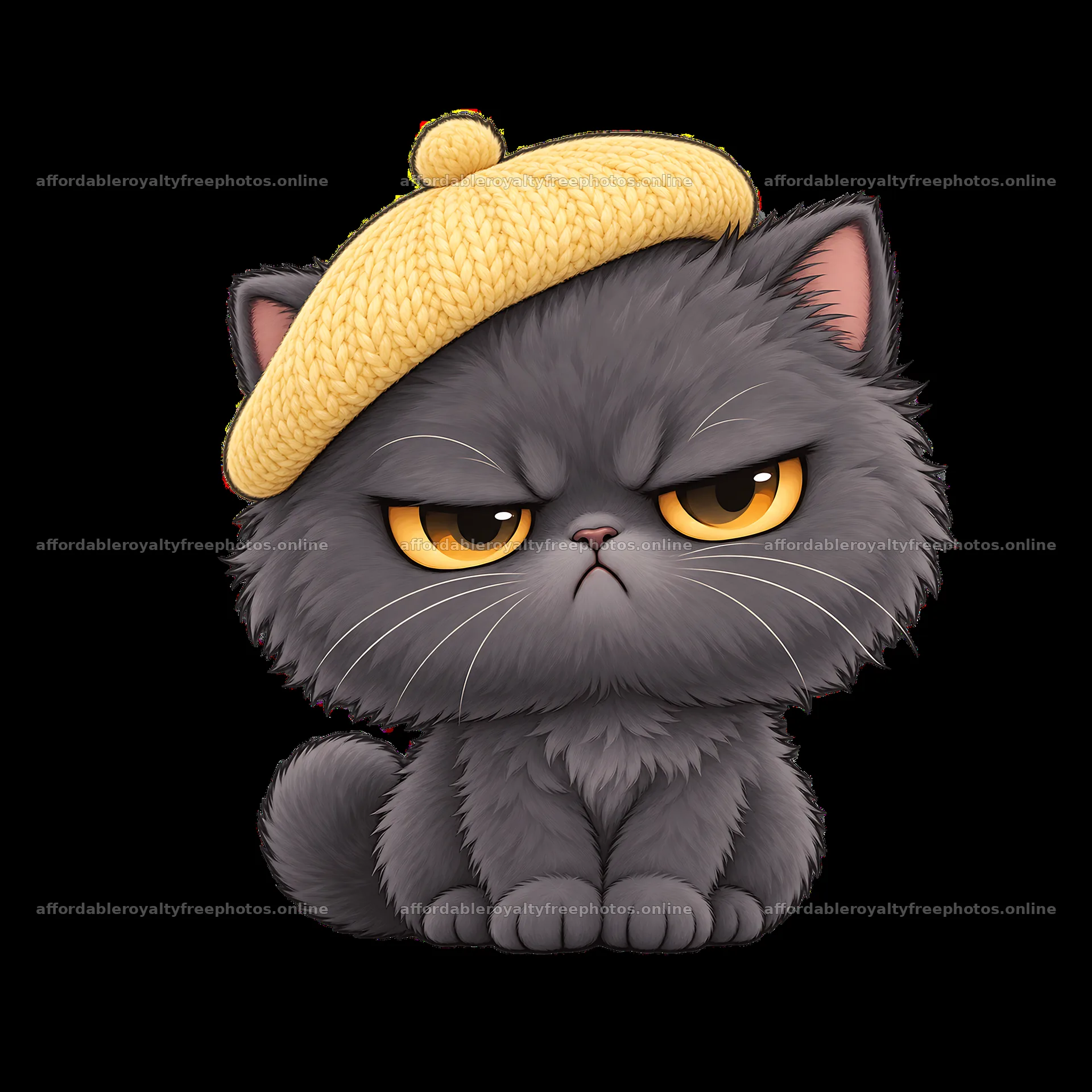 Kawaii grumpy cat with yellow beret sitting and looking – royalty-free photos 7746x7746