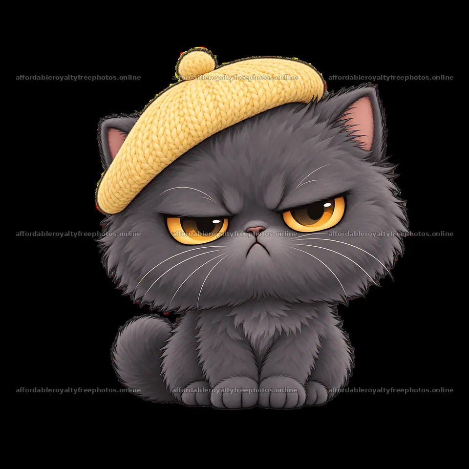Kawaii grumpy cat with yellow beret sitting and looking – royalty-free photos 7746x7746