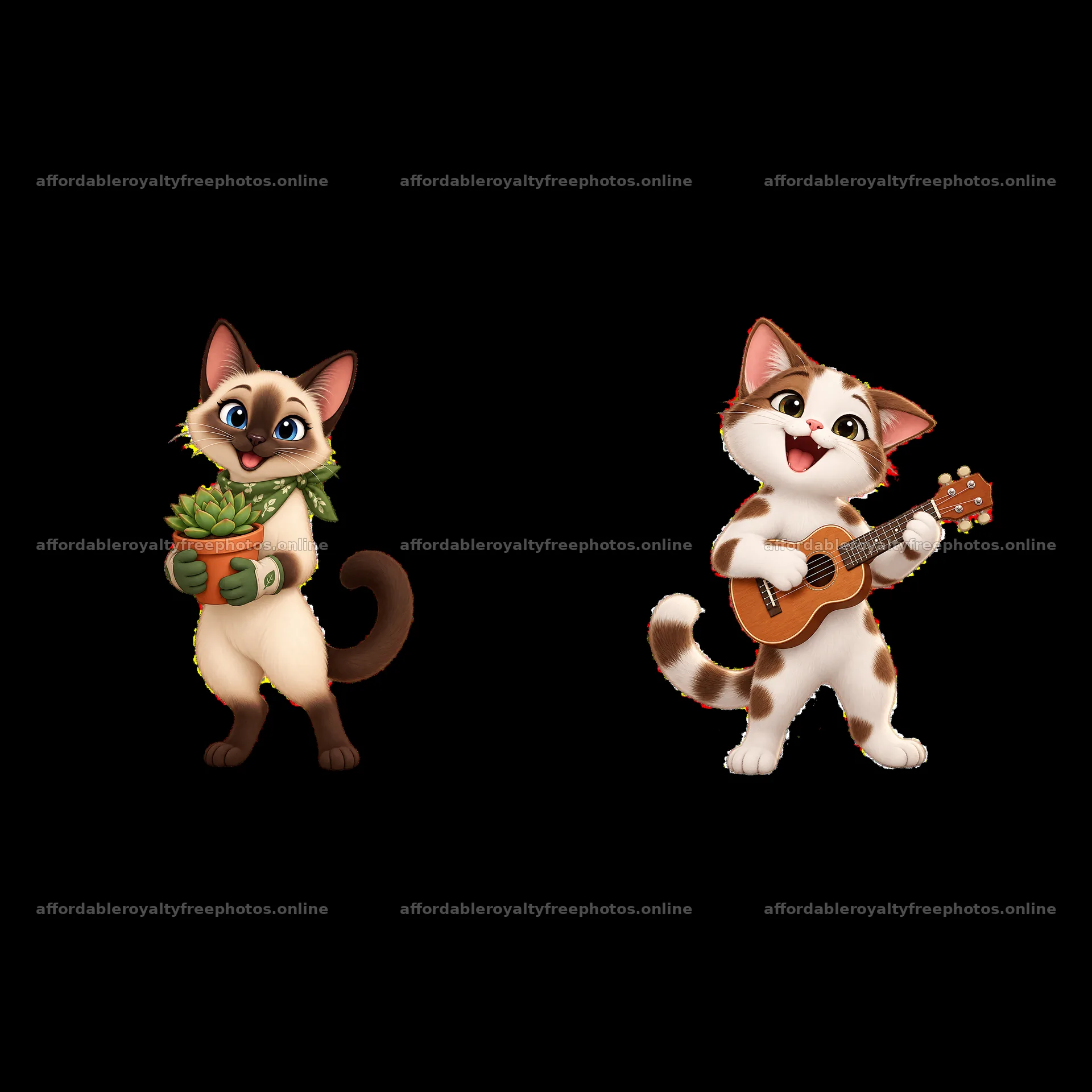 Siamese cat holding a plant and a playful cat with guitar – royalty-free photos 7746x7746