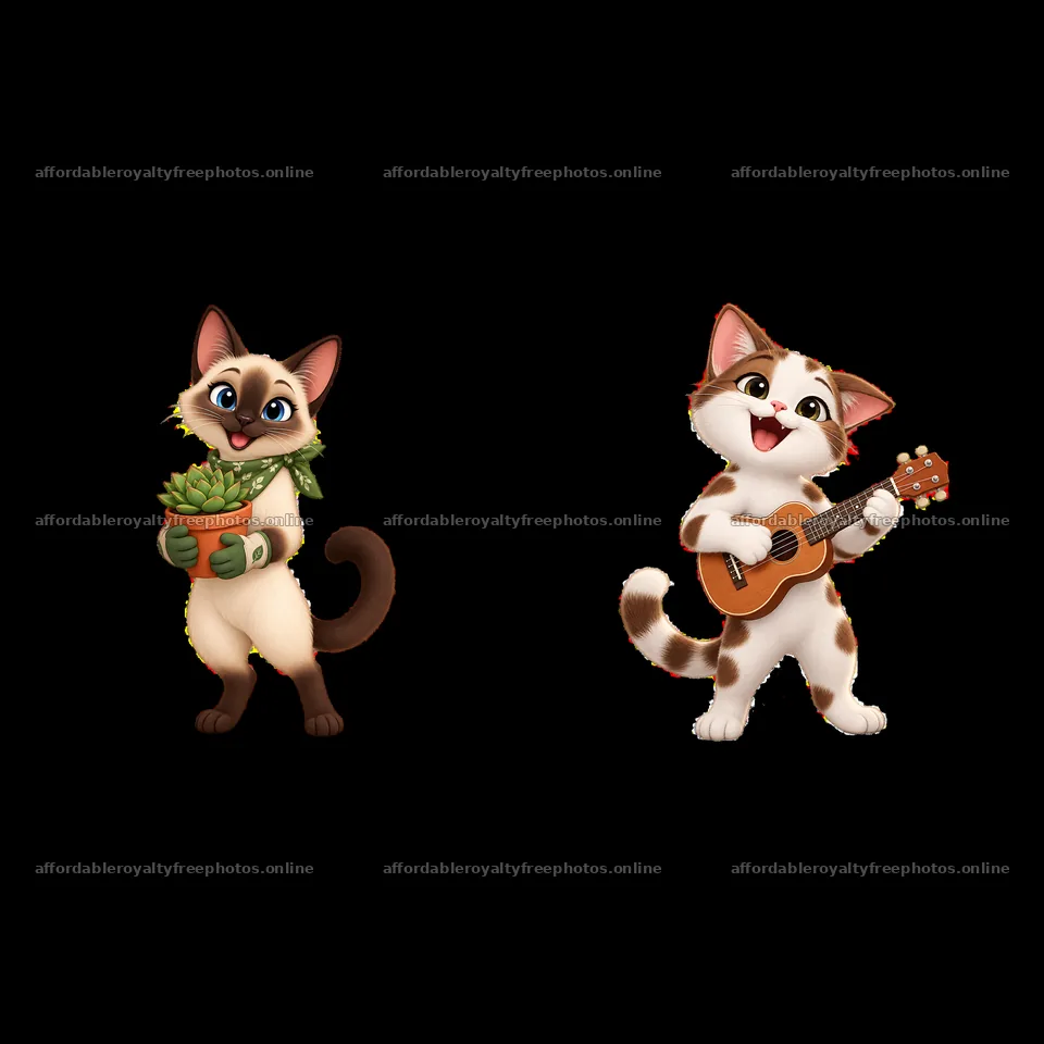 Siamese cat holding a plant and a playful cat with guitar – royalty-free photos 7746x7746