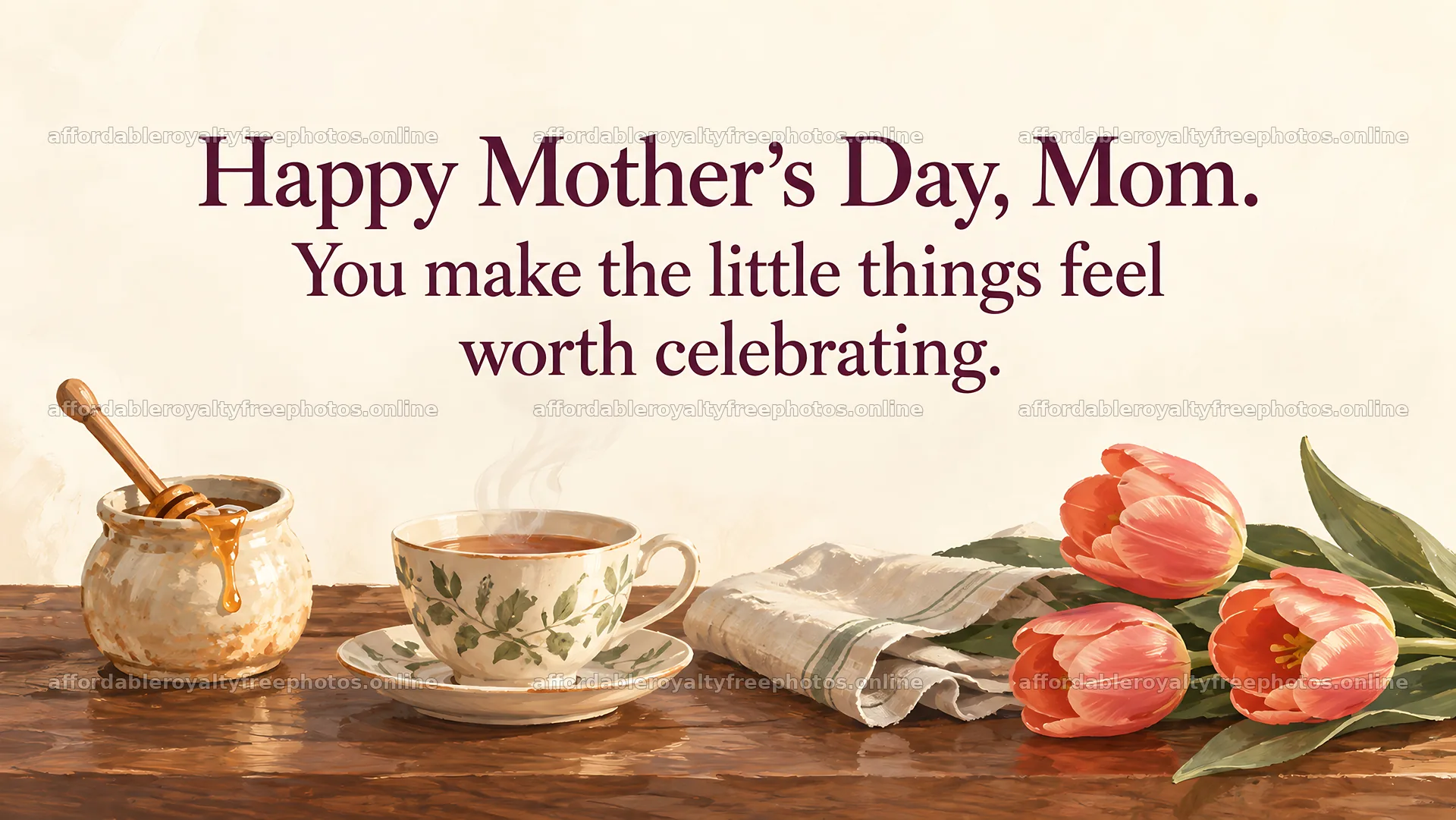 Mother's Day Greeting with Tulips, Tea and Honey – royalty-free photos 10324x5812