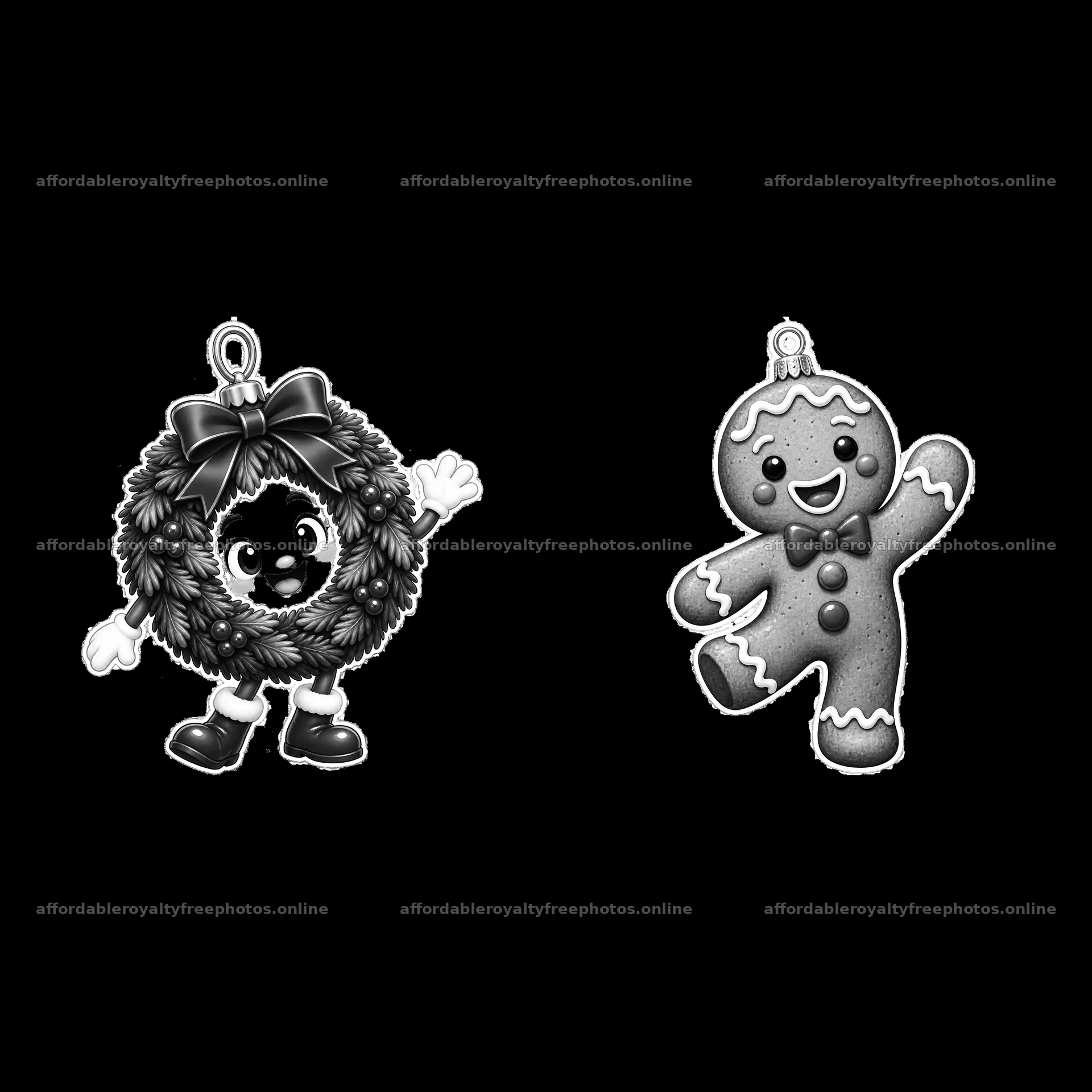 Cheerful holiday wreath and gingerbread man cartoon ornaments – royalty-free photos 7746x7746