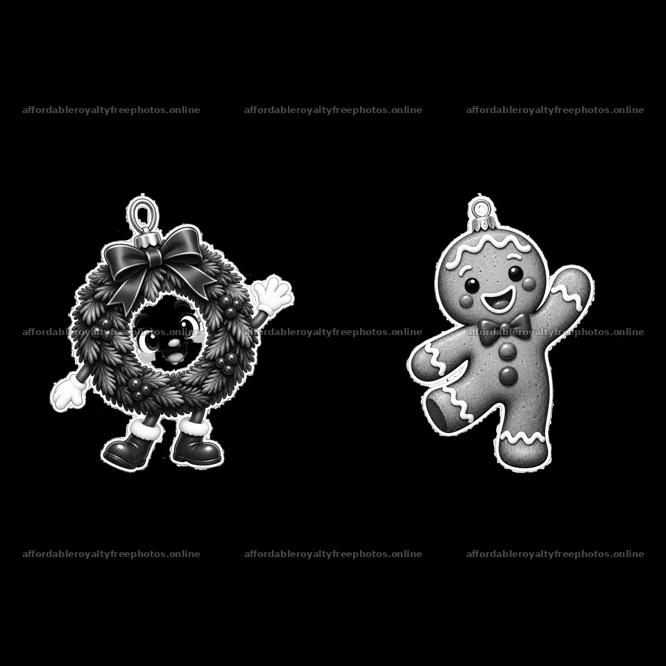 Cheerful holiday wreath and gingerbread man cartoon ornaments – royalty-free photos 7746x7746