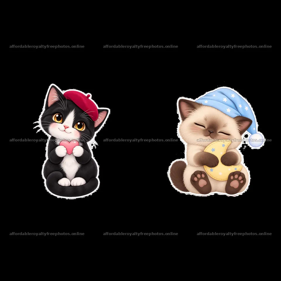Kawaii cat sticker duo with heart and moon accessories – royalty-free photos 7746x7746