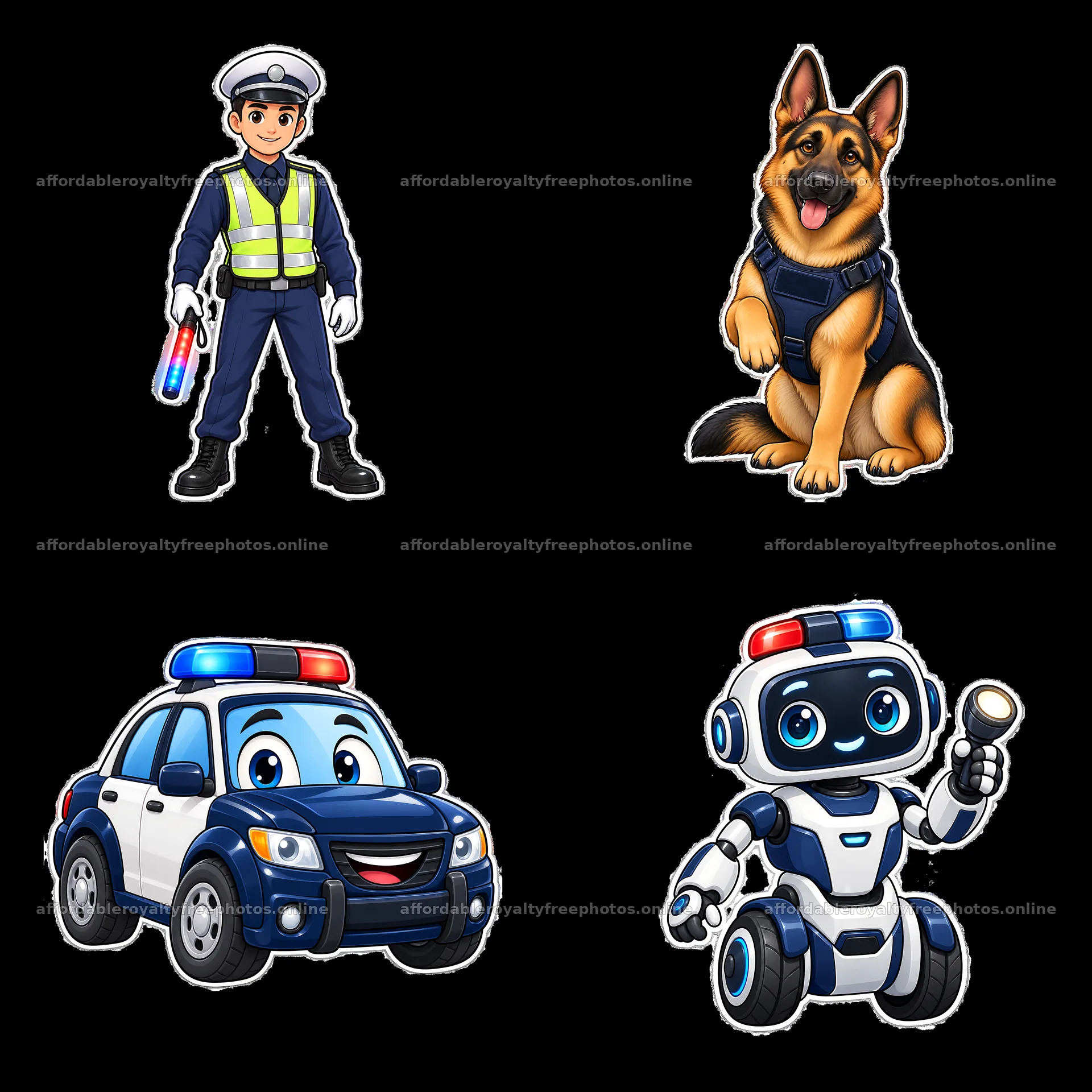 Police officer, police car, dog, and robot in a cartoon – royalty-free photos 7746x7746