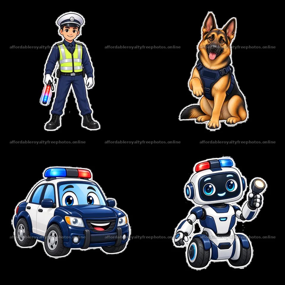 Police officer, police car, dog, and robot in a cartoon – royalty-free photos 7746x7746