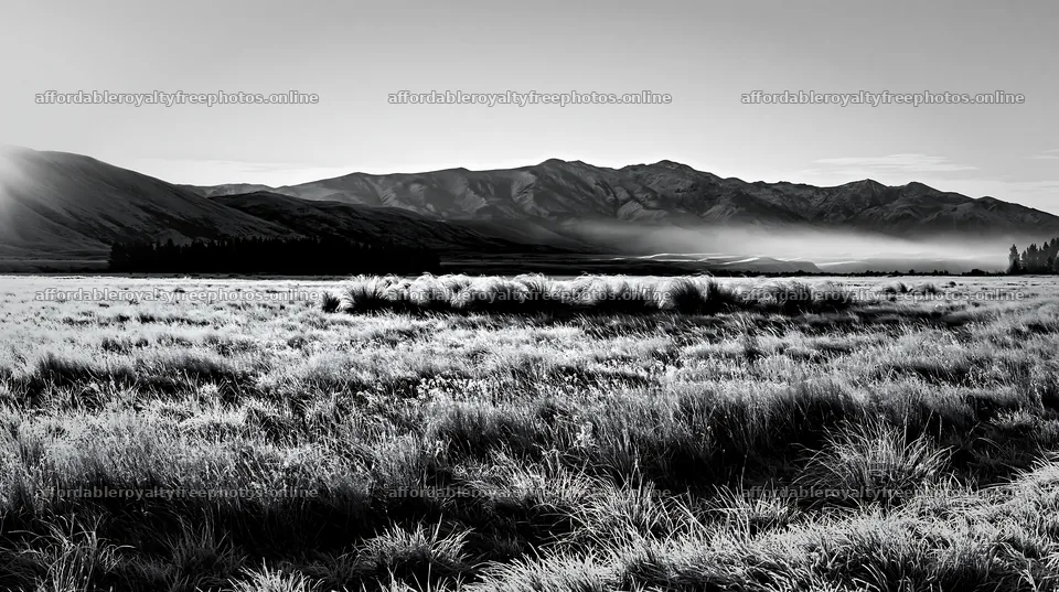 Frosty meadow at sunrise with mountains in the background – royalty-free photos 10608x5938