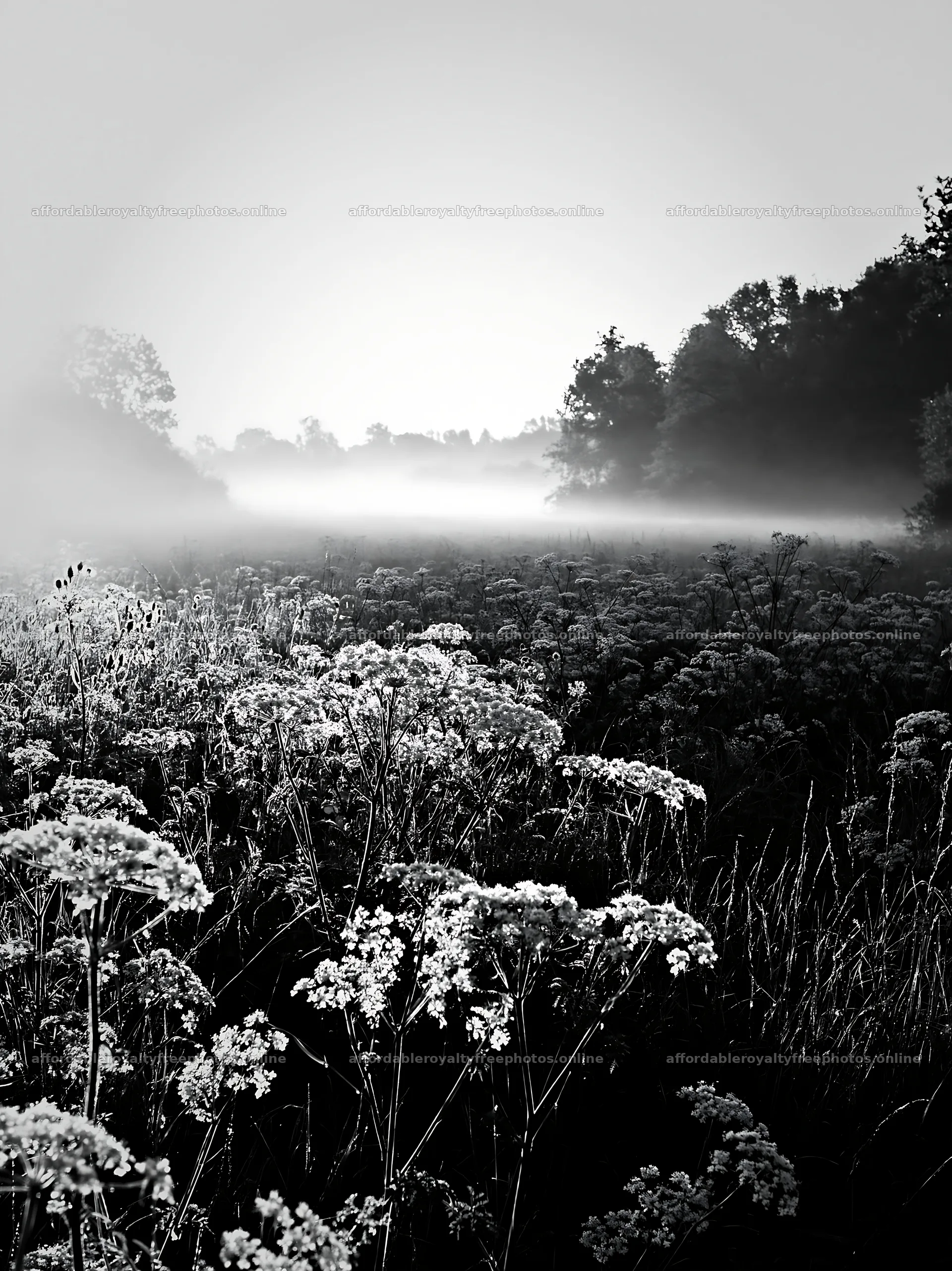 Cow parsley meadow with mist at dawn – royalty-free photos 6866x9174