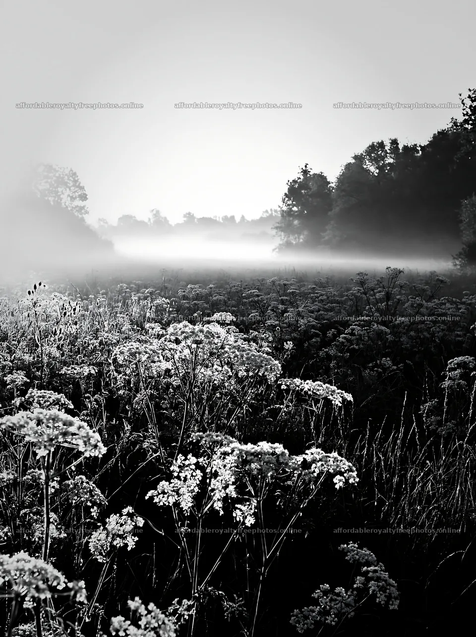 Cow parsley meadow with mist at dawn – royalty-free photos 6866x9174