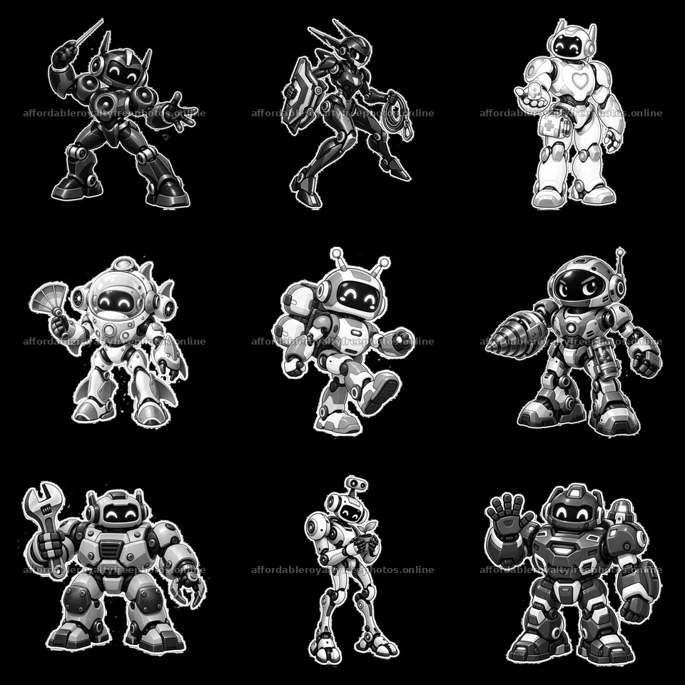 Cartoon mech robots in various poses and actions in – royalty-free photos 7746x7746