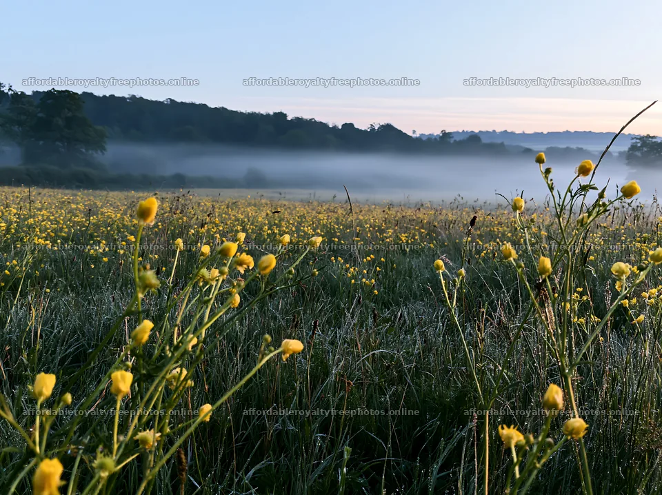 Buttercup meadow under morning mist with yellow flowers – royalty-free photos 9174x6866