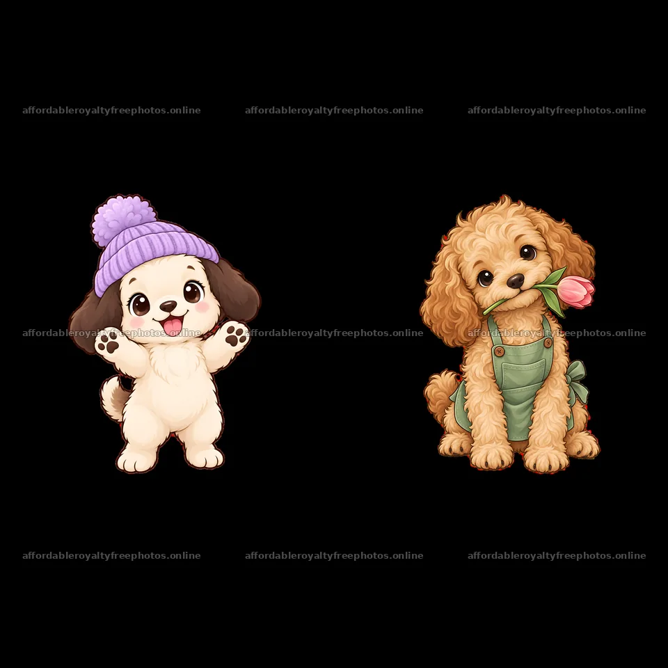 Cute cartoon dogs with flower on brown and white – royalty-free photos 7746x7746