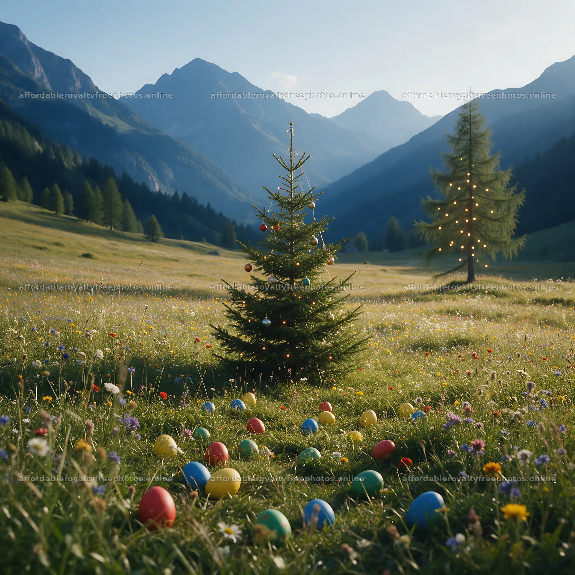 Christmas tree in mountain valley meadow with colorful – royalty-free photos 7938x7938