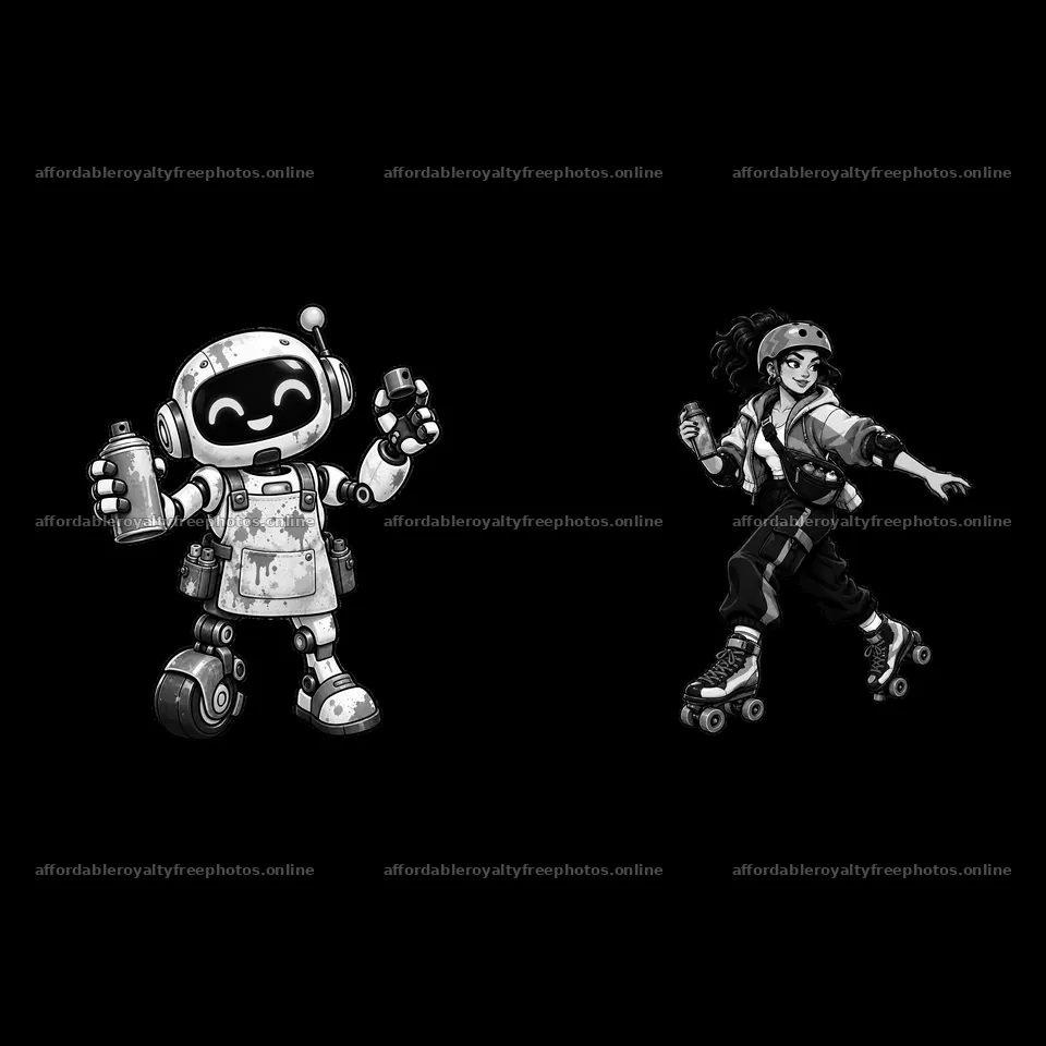 Graffiti sprayer robot and roller skater in monochrome – royalty-free photos 7746x7746