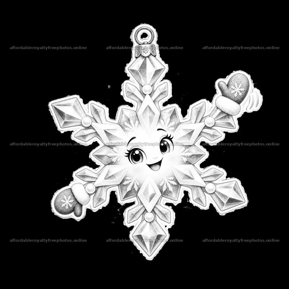 Snowflake ornament with smiling face and mittens – royalty-free photos 7746x7746