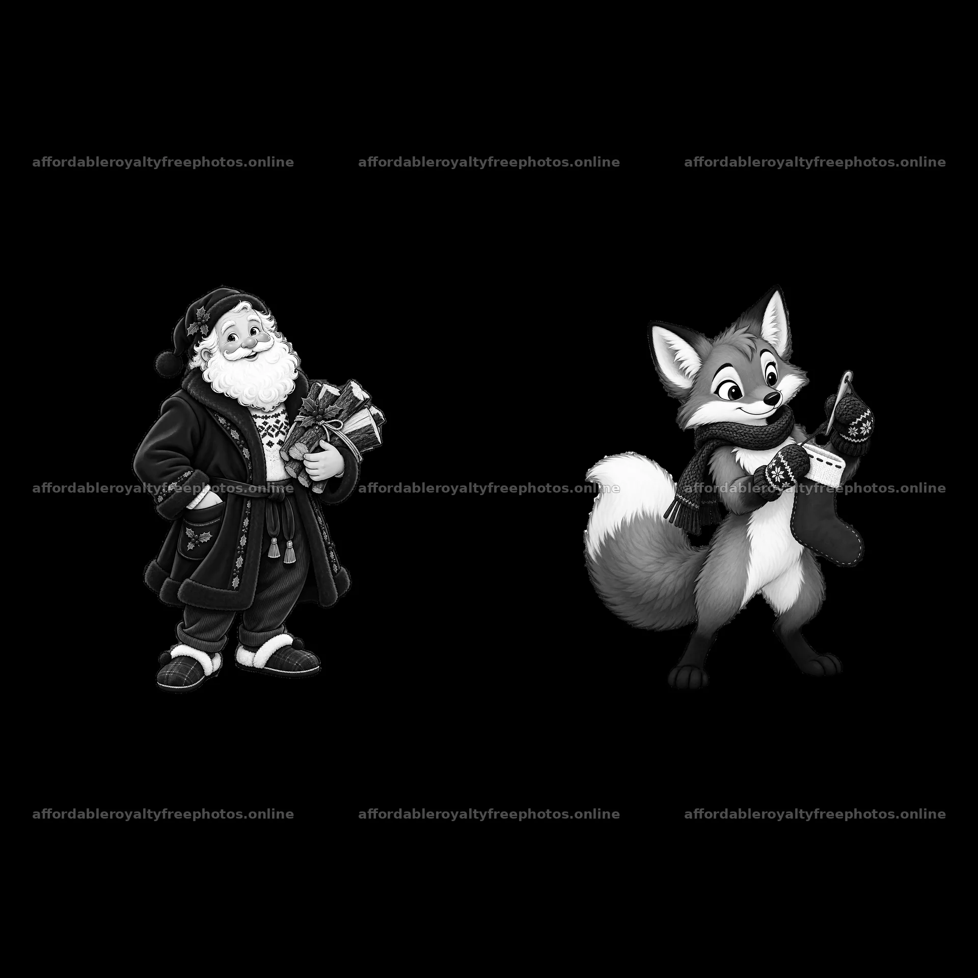Santa holds gifts while a fox carries a Christmas – royalty-free photos 7746x7746