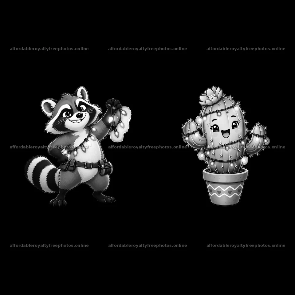 Raccoon holding string lights next to a smiling cactus – royalty-free photos 7746x7746