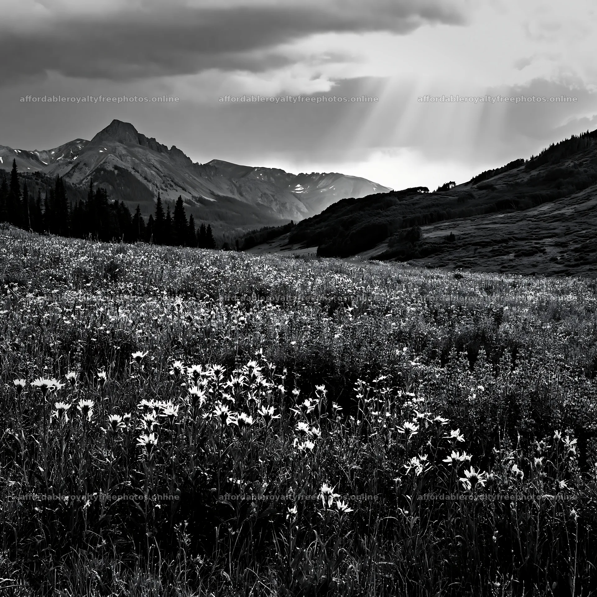 Vibrant rainwashed meadow with wildflowers and mountains – royalty-free photos 7938x7938