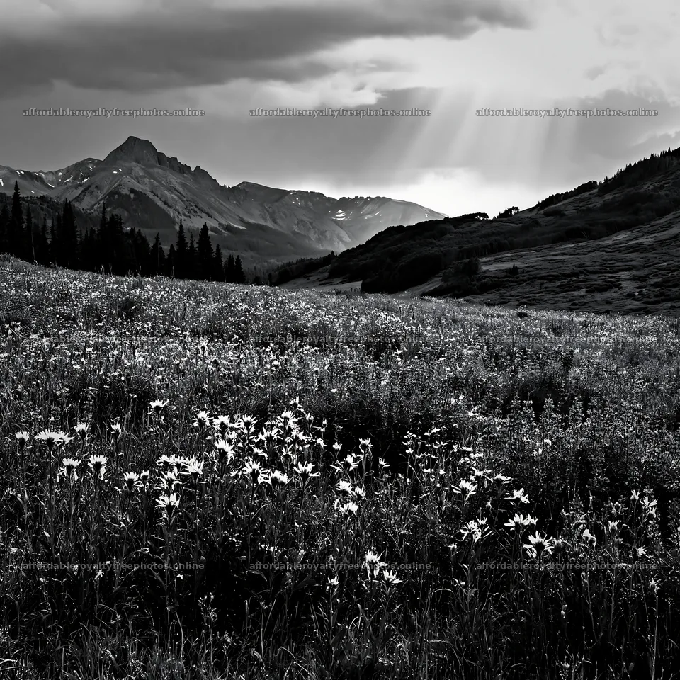 Vibrant rainwashed meadow with wildflowers and mountains – royalty-free photos 7938x7938