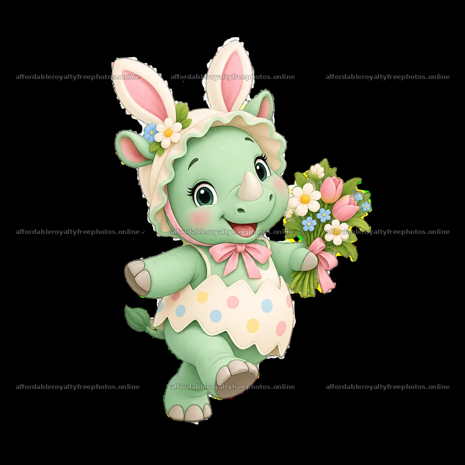 Cute rhinoceros in Easter outfit holds bouquet of flowers – royalty-free photos 7746x7746