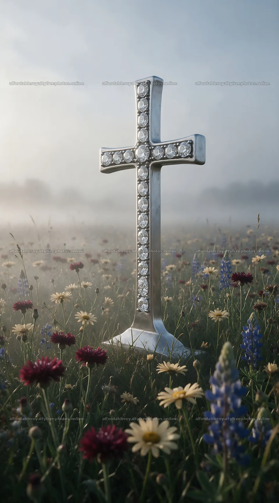 Weathered Christian cross stands in misty meadow – royalty-free photos 5916x10648