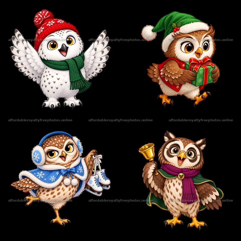 Four Christmas owls with gifts and winter activities in – royalty-free photos 7746x7746