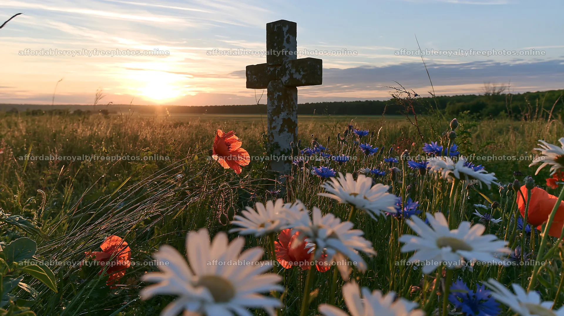 Christian cross at sunrise over a meadow with wildflowers – royalty-free photos 10608x5938