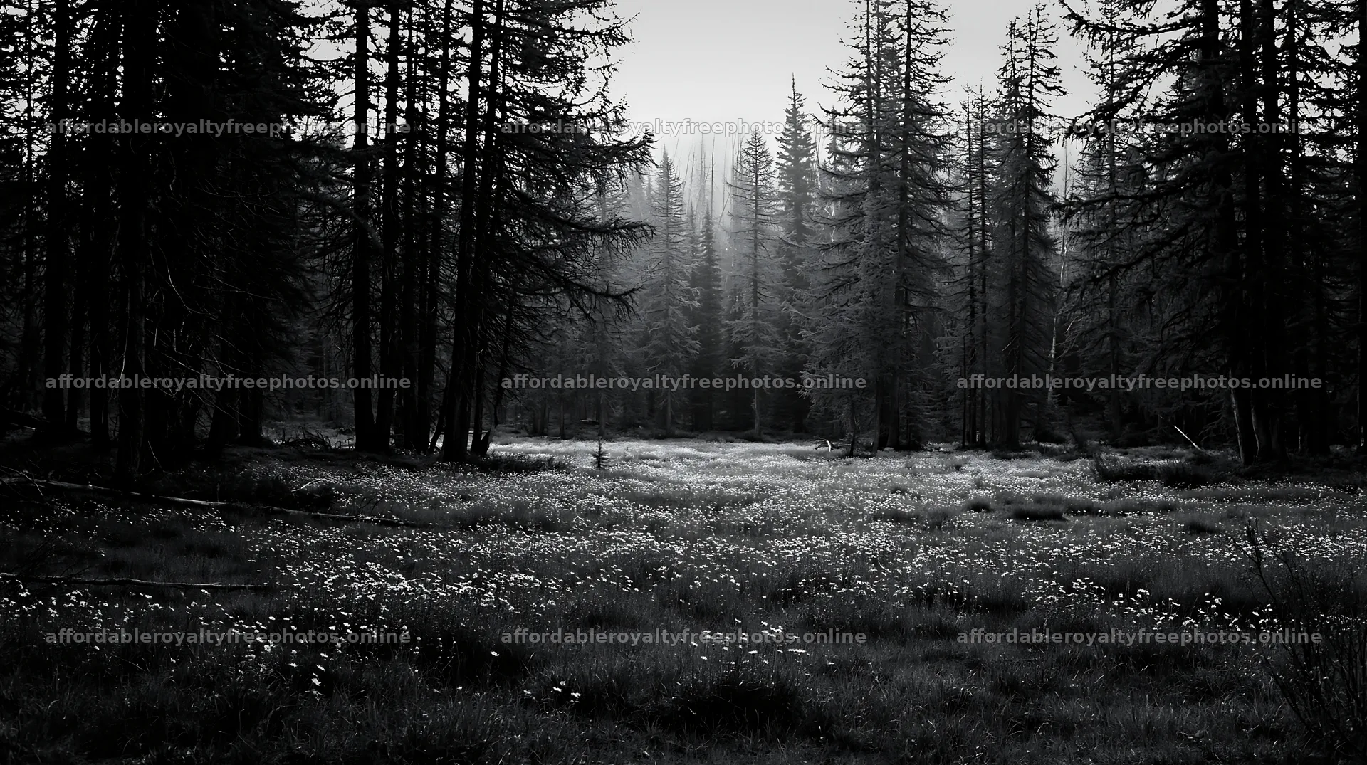 Misty forest meadow with tall trees and wildflowers – royalty-free photos 10608x5938