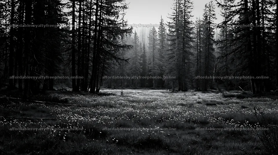 Misty forest meadow with tall trees and wildflowers – royalty-free photos 10608x5938