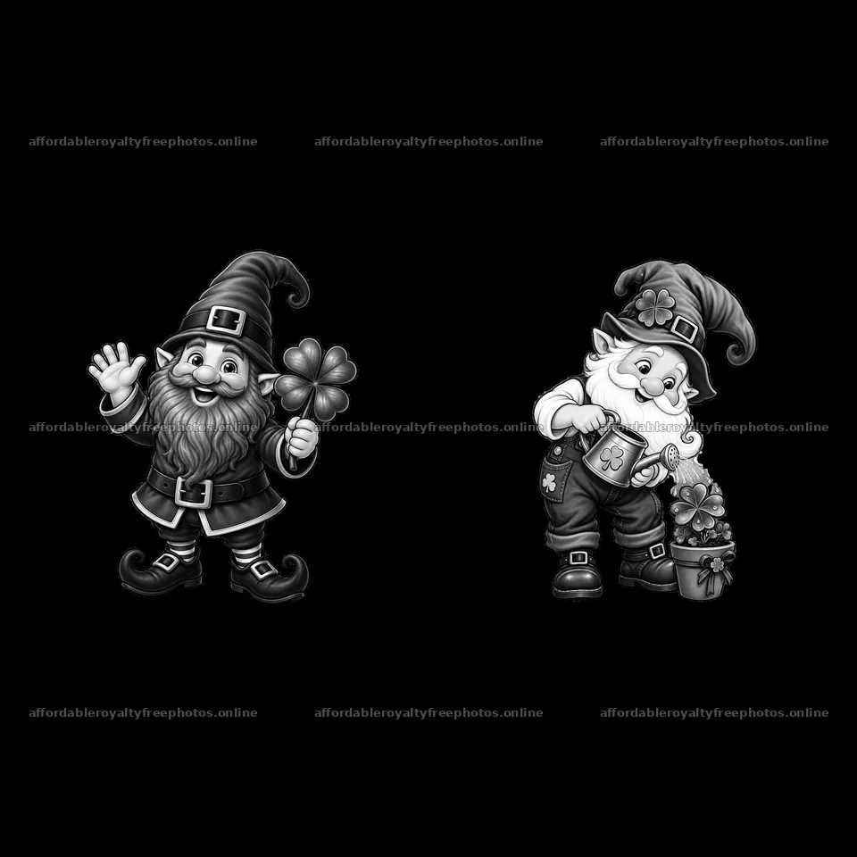 St. Patrick's Day gnomes holding clovers and a pot of – royalty-free photos 7746x7746