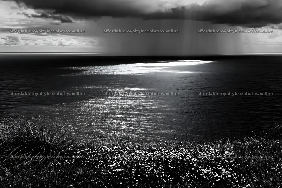 Coastal meadow cliffs under dark clouds and distant rain – royalty-free photos 9722x6480