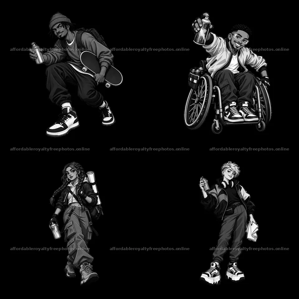 Graffiti artists in streetwear showing diverse styles – royalty-free photos 7746x7746