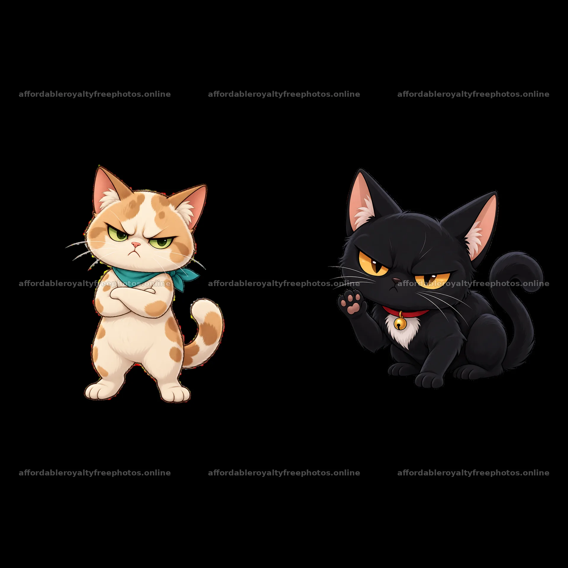Grumpy kawaii cats in a fun sticker illustration – royalty-free photos 7746x7746