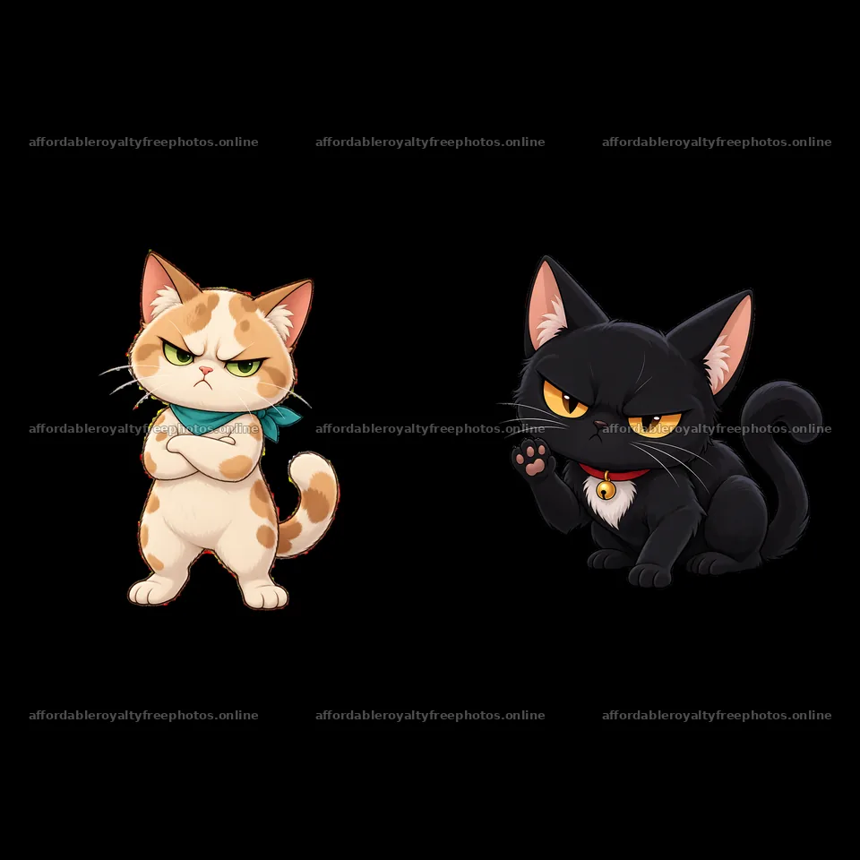 Grumpy kawaii cats in a fun sticker illustration – royalty-free photos 7746x7746