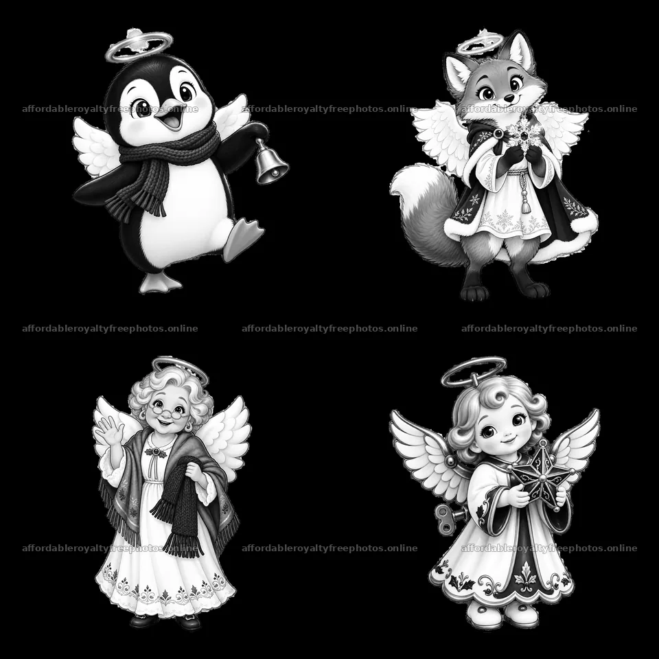 Christmas angel characters in a 2x2 layout with animals – royalty-free photos 7746x7746