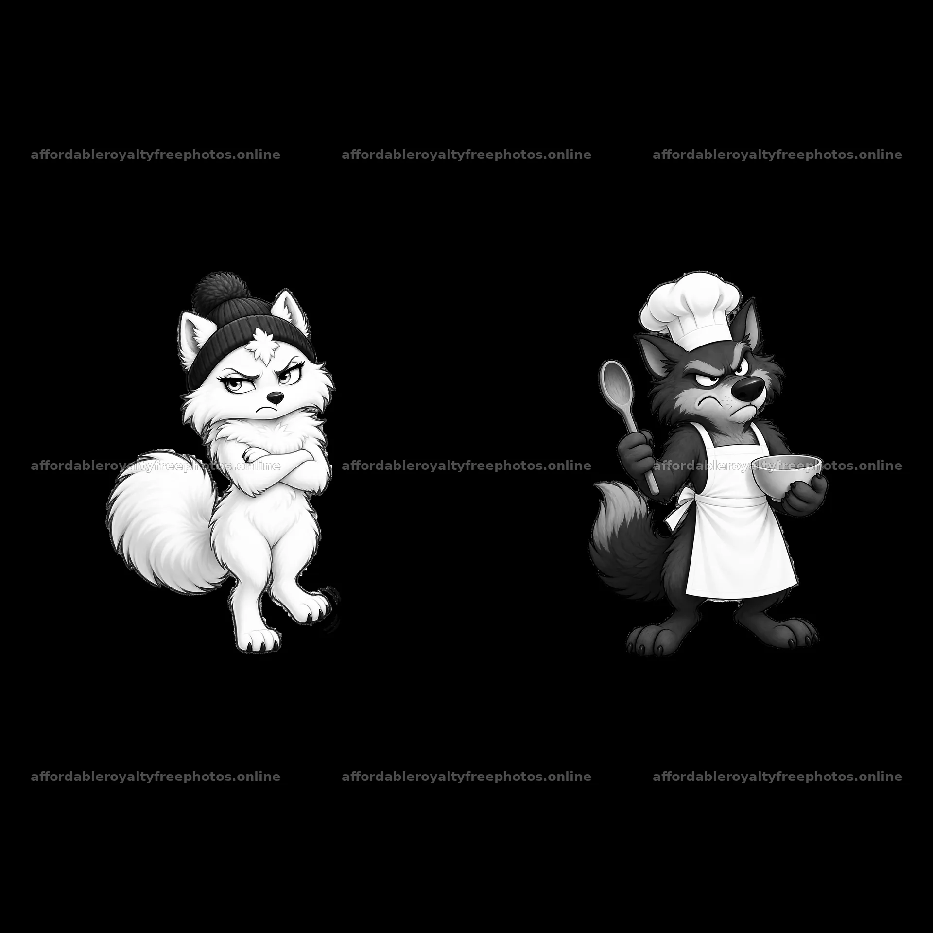 Grumpy wolf chef and sassy wolf character in black and – royalty-free photos 7746x7746