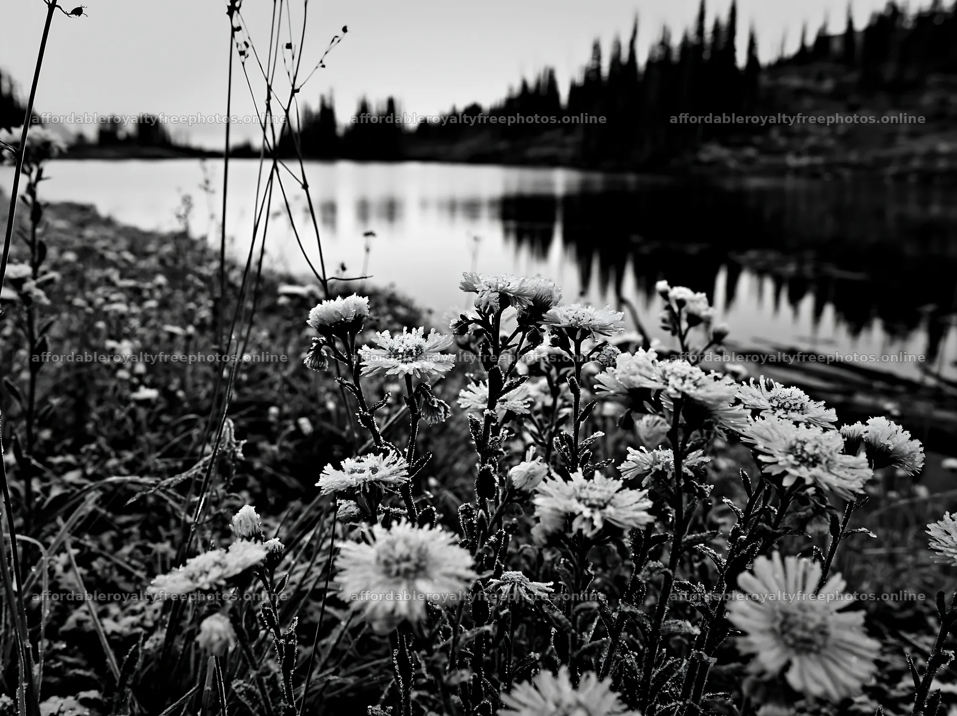 Lakeside meadow after first snowfall with frosted flowers – royalty-free photos 9174x6866
