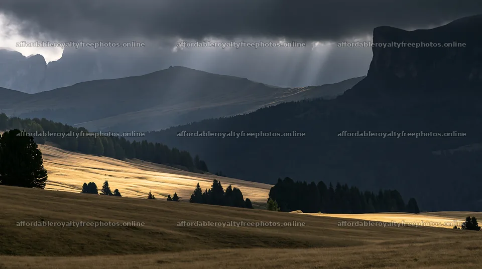 Sunbeams shining on Alpe di Siusi meadow during cloudy – royalty-free photos 10608x5938